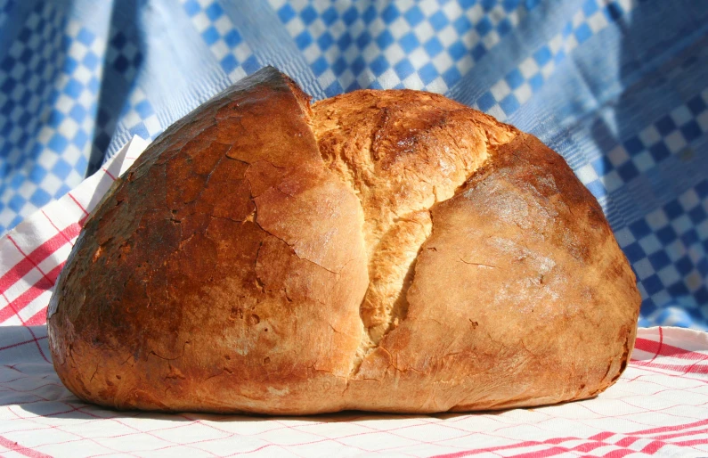 the bread is sitting on a red checkered cloth