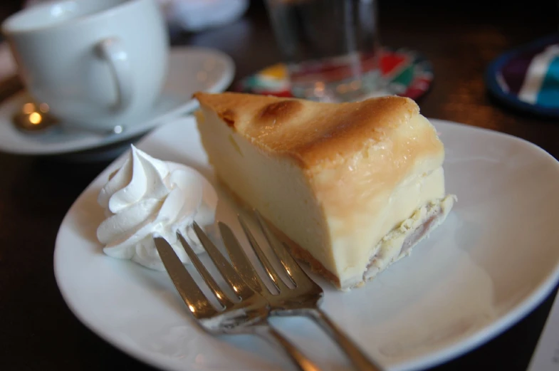 close up of pie on plate with whipped cream