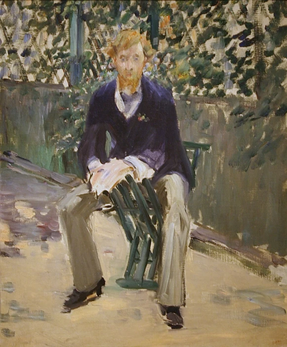 a painting of a man sitting on a bench