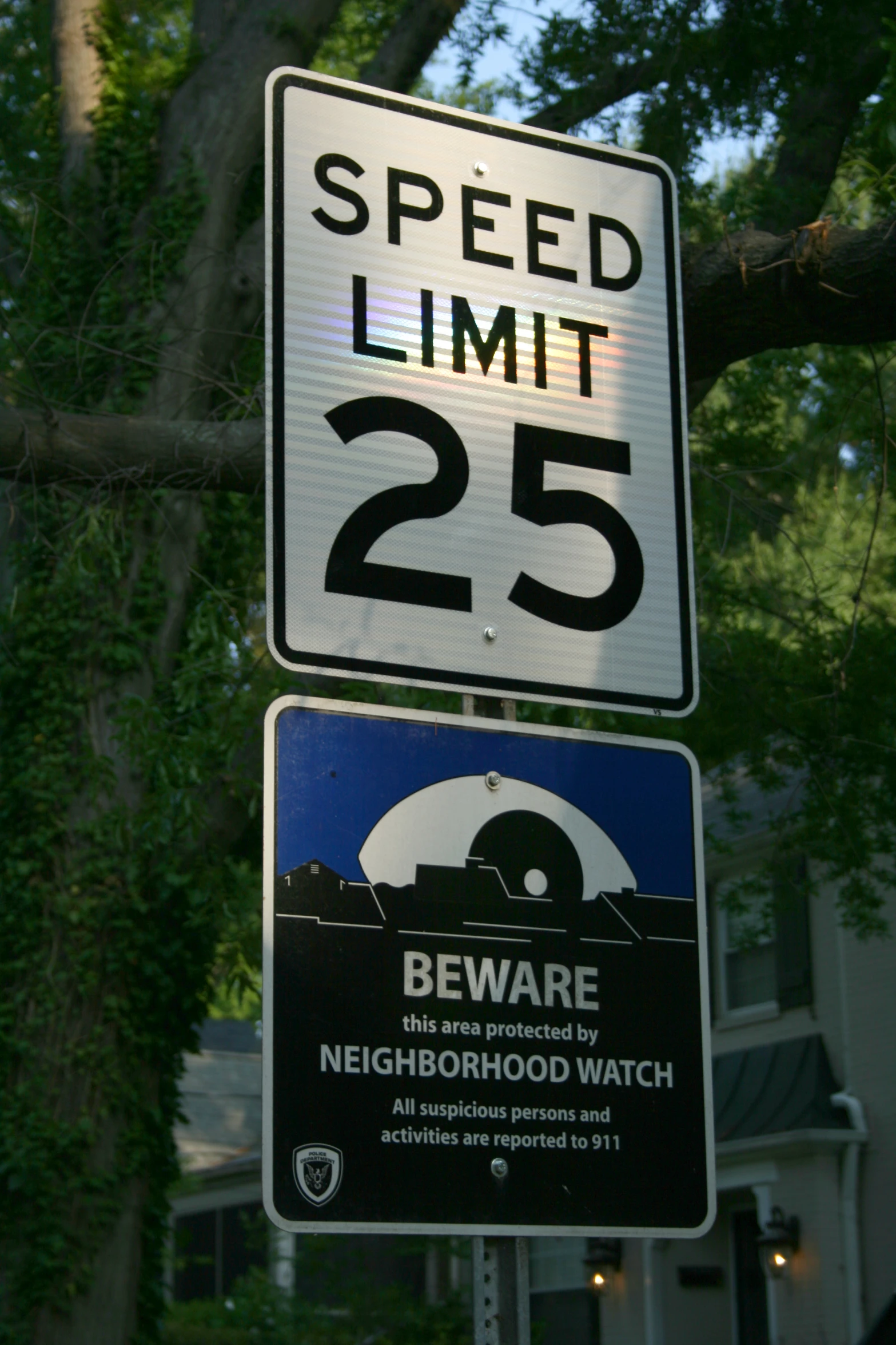 a speed limit sign hangs in front of a tree