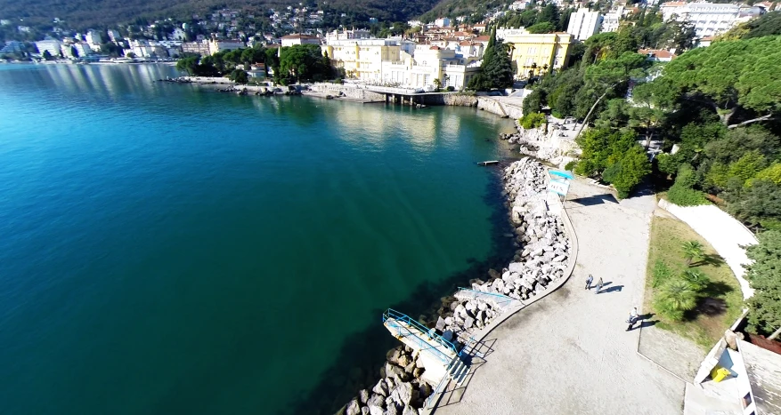 an aerial s of people on the shoreline of a city