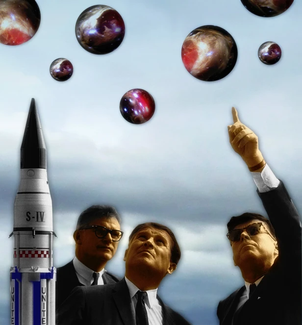 two men in suits pointing to planets flying around them