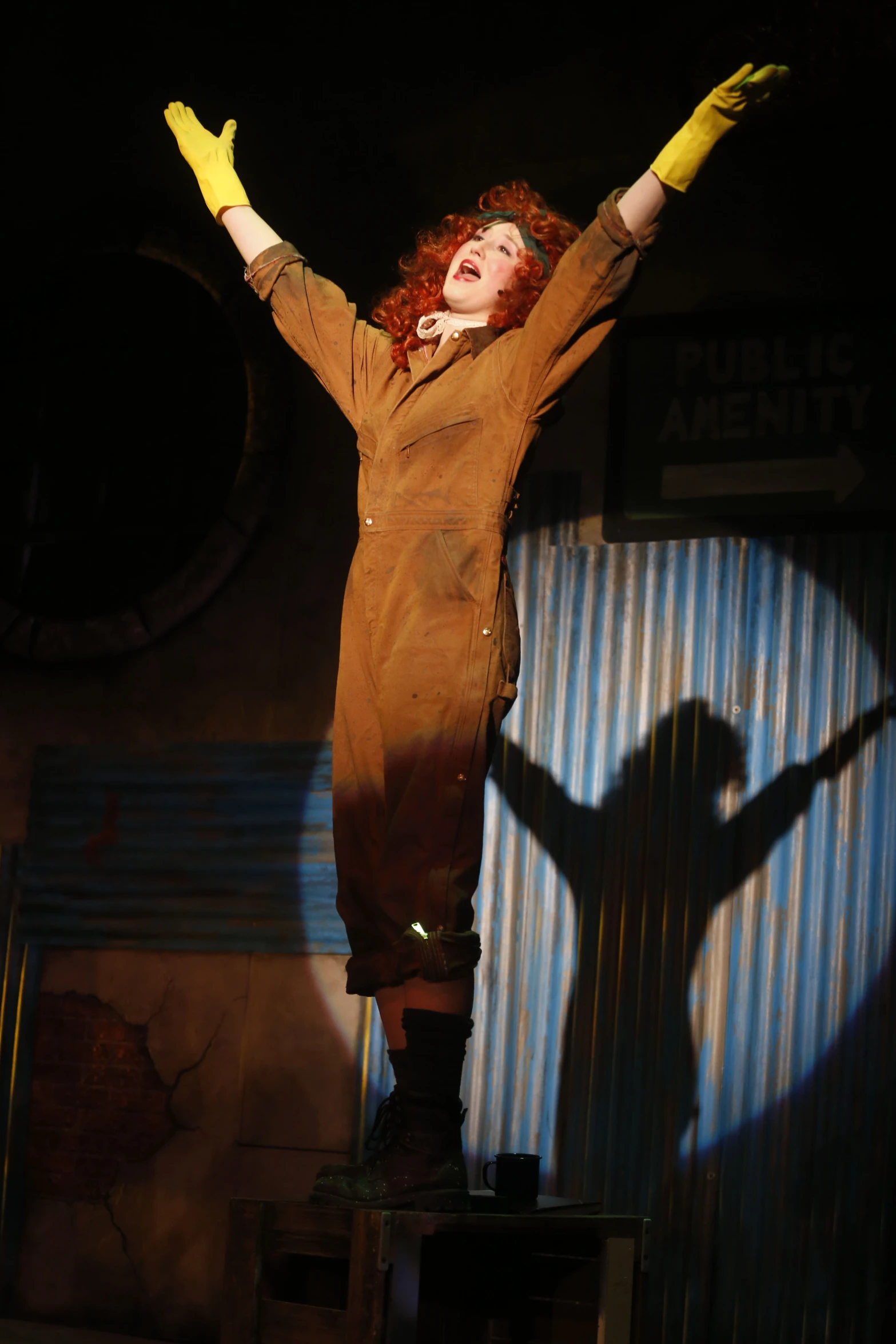 a woman in yellow gloves and top standing on a stool