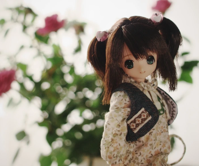 an adorable doll dressed in a schoolgirl outfit stands against a vase with roses in it