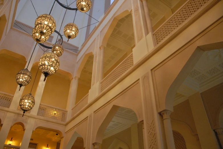 a chandelier hangs in the middle of an indoor area