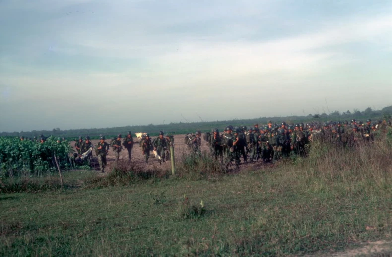 a group of people standing in a field with horses