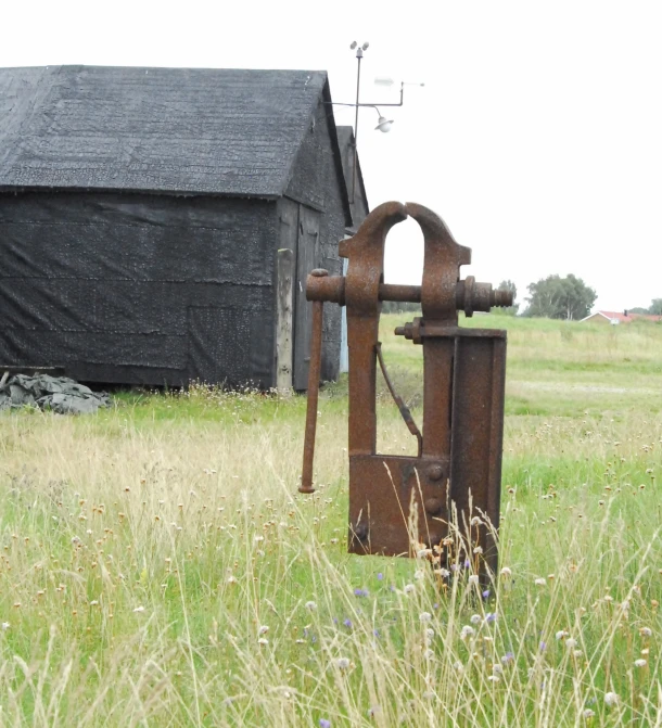 an old metal water valve stands out in the field