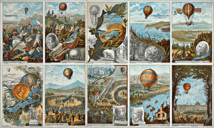 a book with illustrations of a  air balloon in the sky