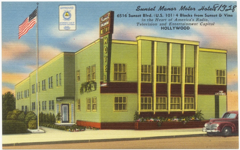 a postcard with an old building and american flag