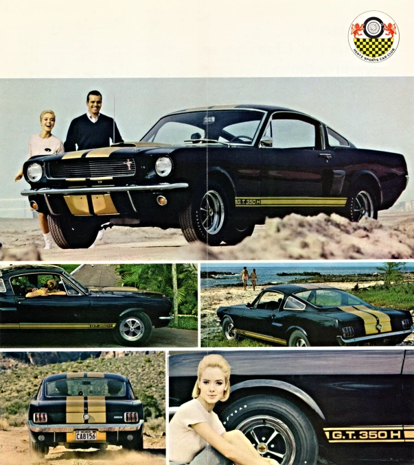 the vintage ford mustang ad features pictures of people posing next to their car