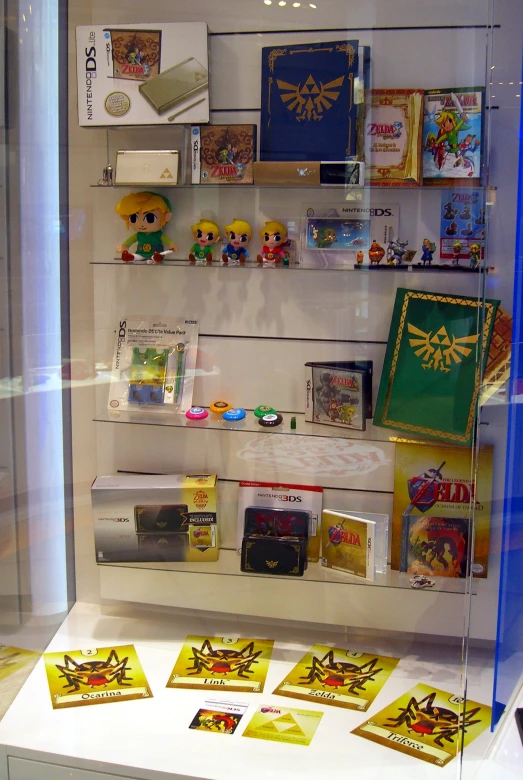 a display case with various items for sale