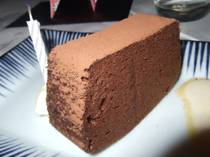 slice of chocolate cake with white candle on plate