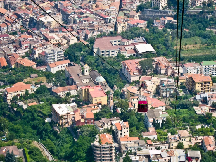 the aerial view of an urban area, with buildings and a cable car