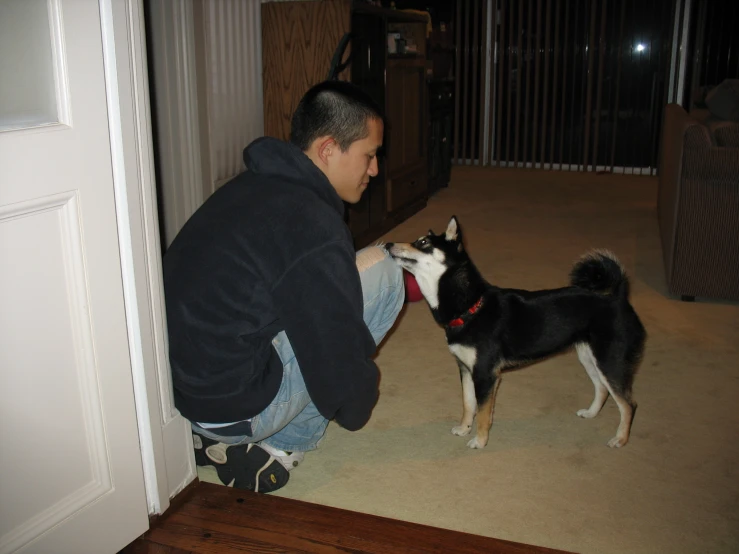 a man kneeling down with his dog on the floor