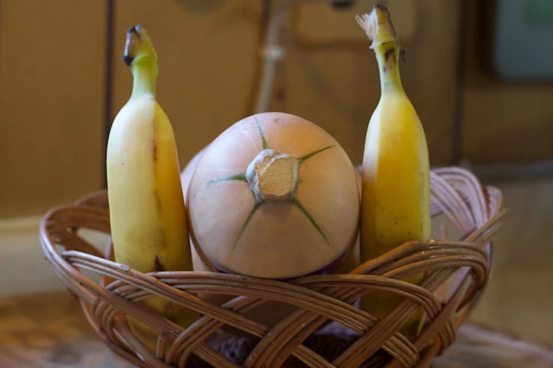 a basket with bananas and egg sitting on top of it