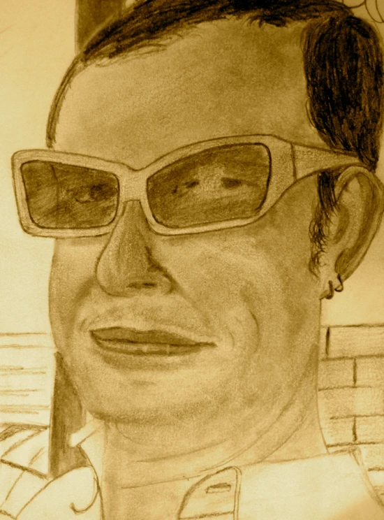 drawing of a man wearing glasses with an over head hairdo