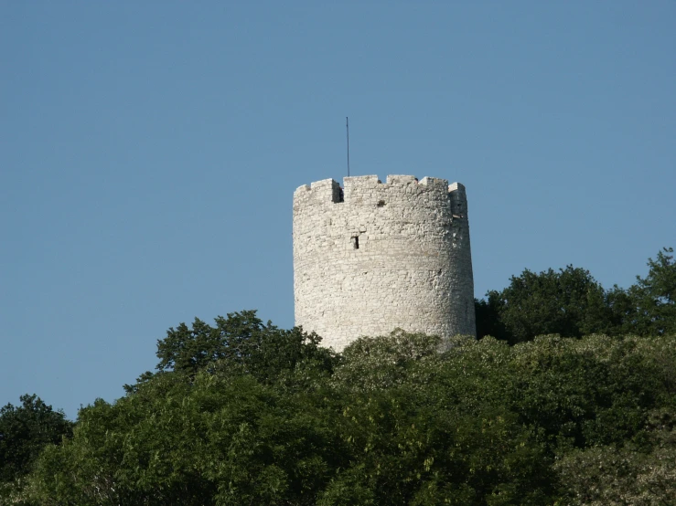the tower is made of cement surrounded by trees