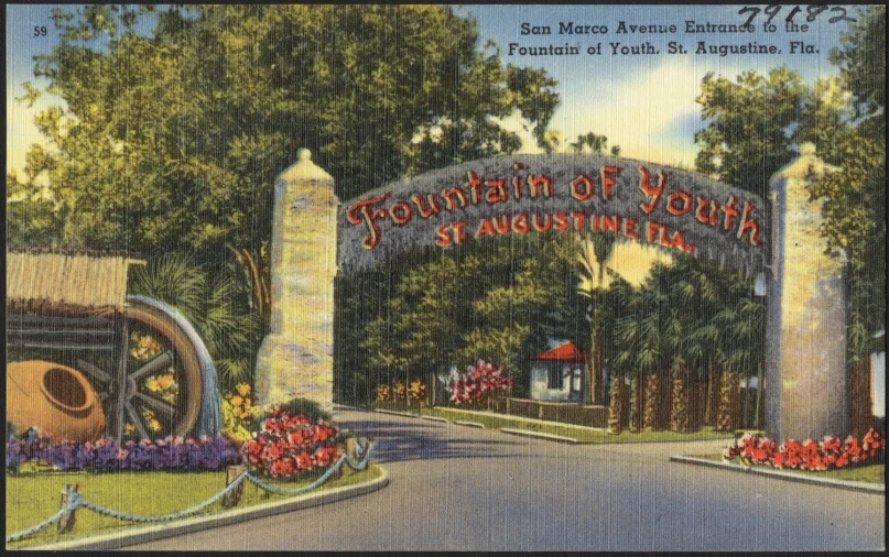 an old postcard with an entrance to the garden of youth