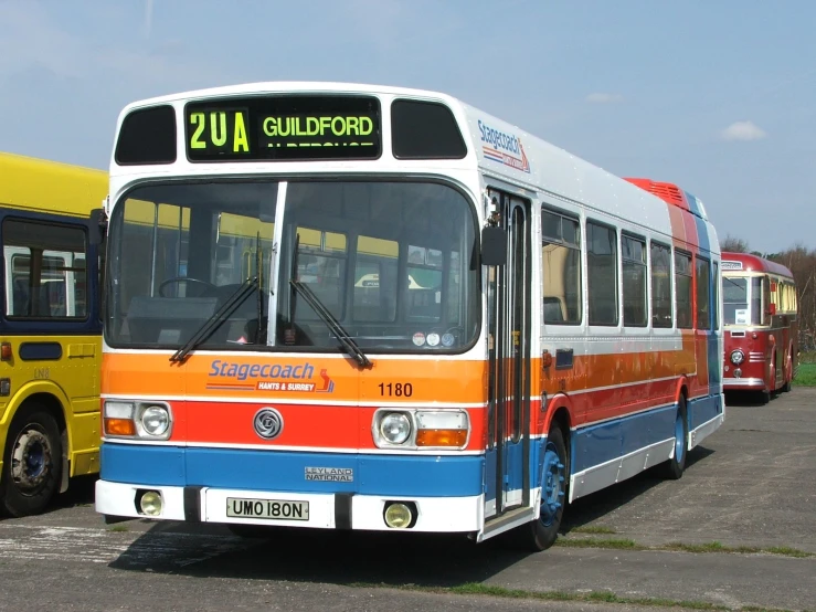 a bus is parked in a parking lot