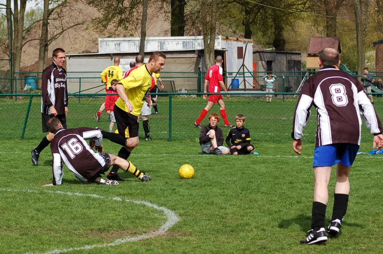 a group of soccer players in action on a field