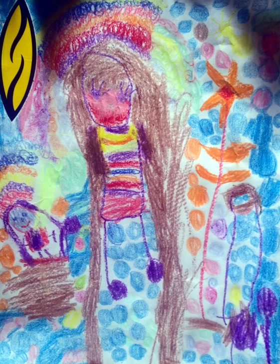 this child's drawing shows a colorful picture of a woman and her dog