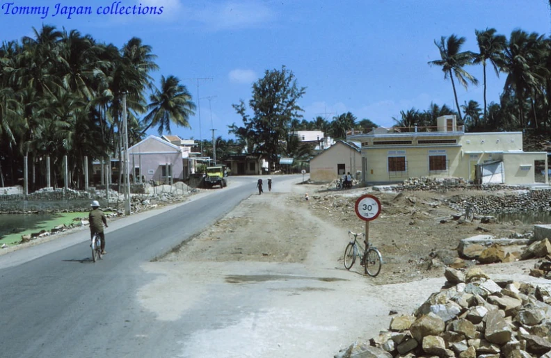 people walking a bike on a street next to palm trees