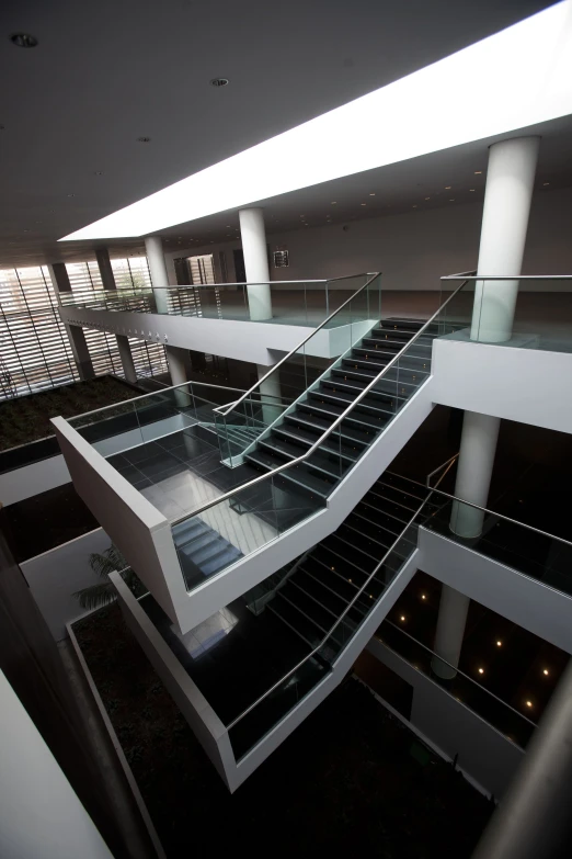 an office building with a staircase between it