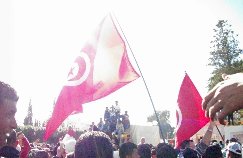 people with flags at an event or festival