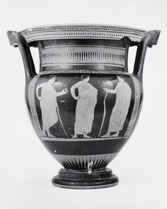 an old vase with two men and a woman