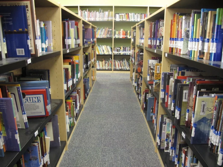 a long liry aisle is full of books