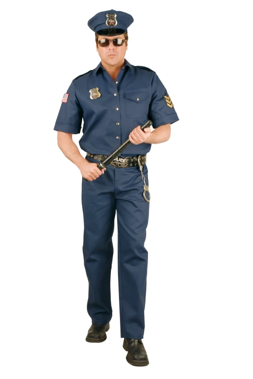 a policeman standing with his hand on his hip and a gun