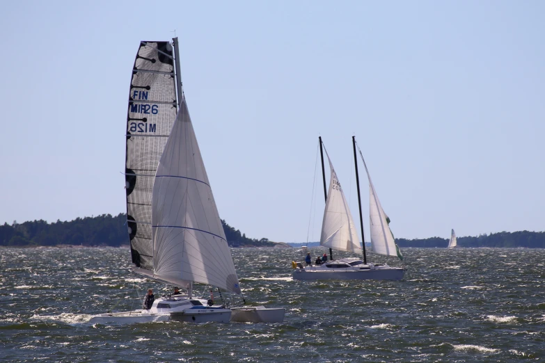 three sailboats in open water with trees in background