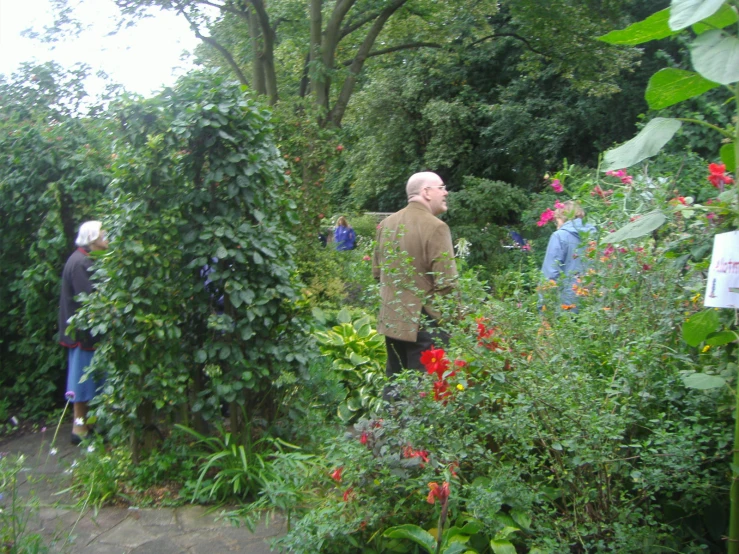 several people standing around and looking at some flowers