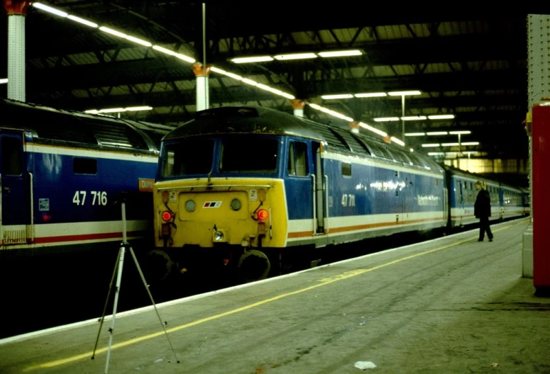 people are walking near two trains at a train station