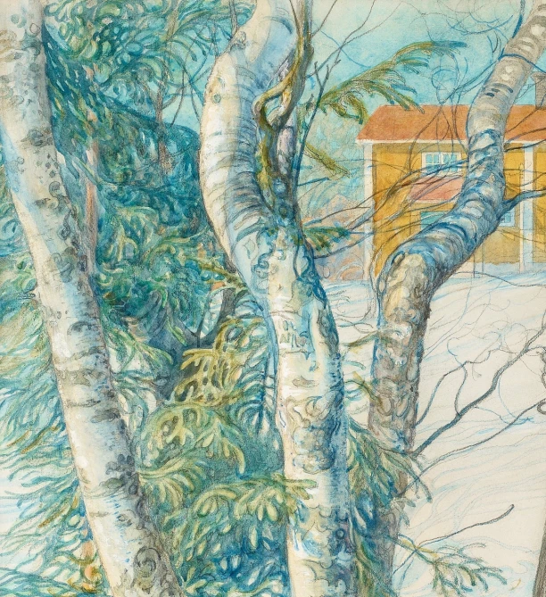 watercol drawing of a house and trees near a stream