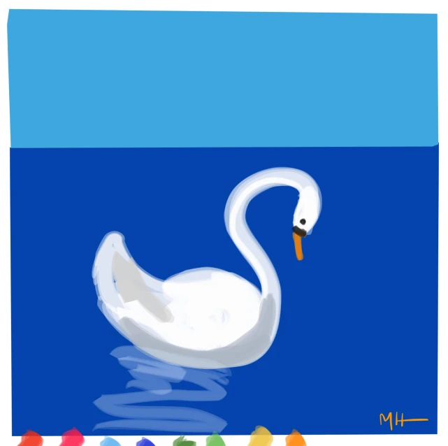 the white bird is sitting in water next to colored crayons