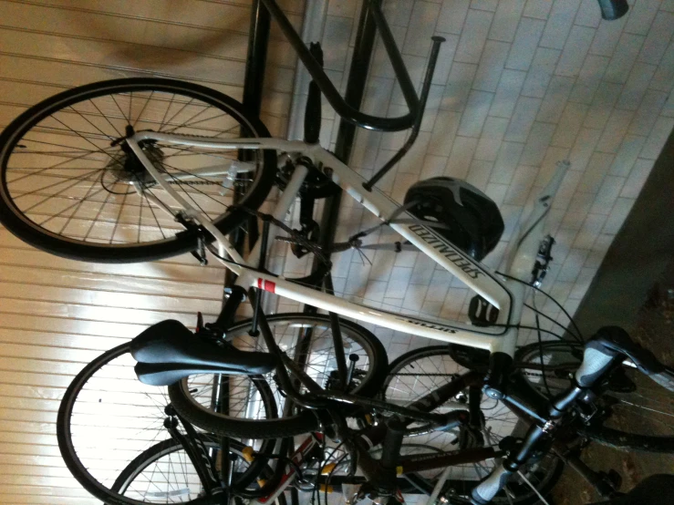 bicycles and wheel ces stored in a bike rack