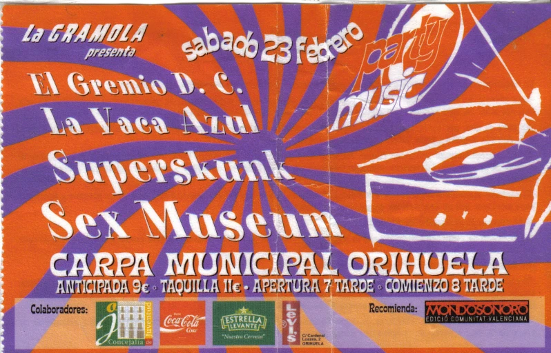 an orange and purple ticket for a concert