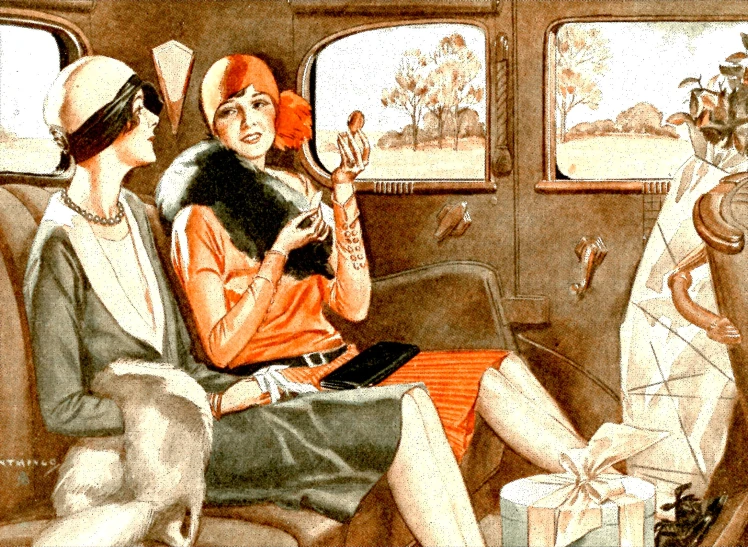 a painting with a woman riding in a bus