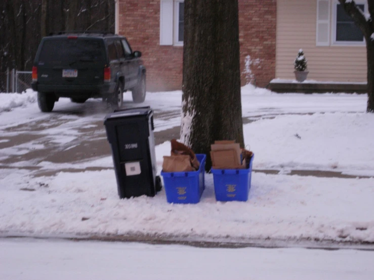 a couple of trash cans sit in the snow next to a tree