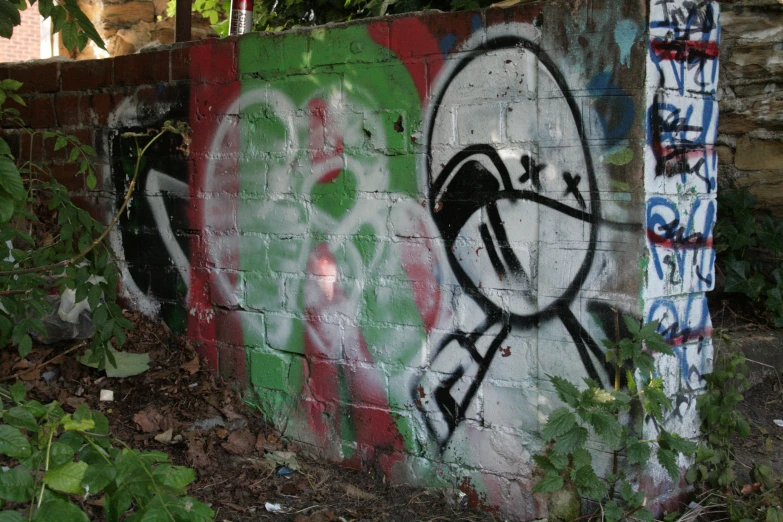 a wall with graffiti all over it and green leaves