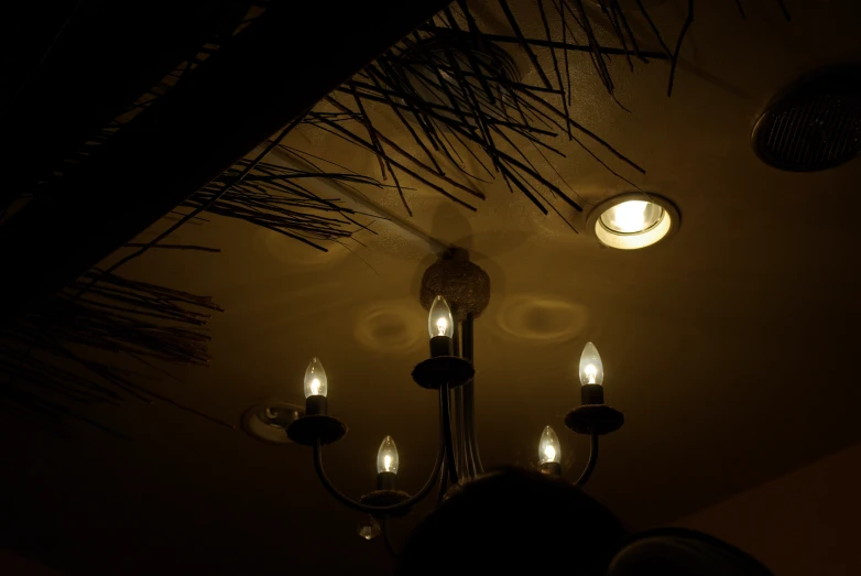 a chandelier hanging from a ceiling, with lit bulbs around it
