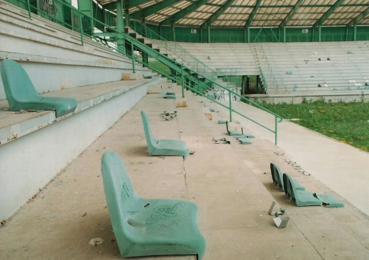 seats are sitting in the abandoned bleacher