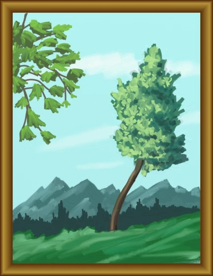 painting of trees and mountains in brown wood frame