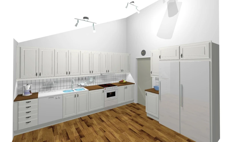 a computer drawing of a very small kitchen