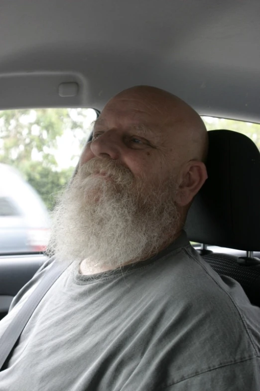 an old man with white beard is in the car