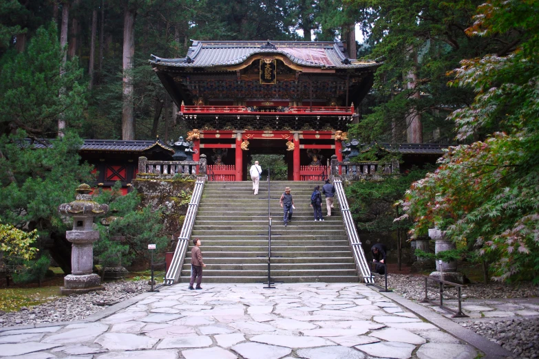 the steps lead down to the pagoda and covered in foliage