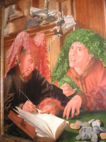 an image of two men doing soing in front of a painting