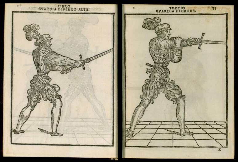 two old drawings of knights holding swords