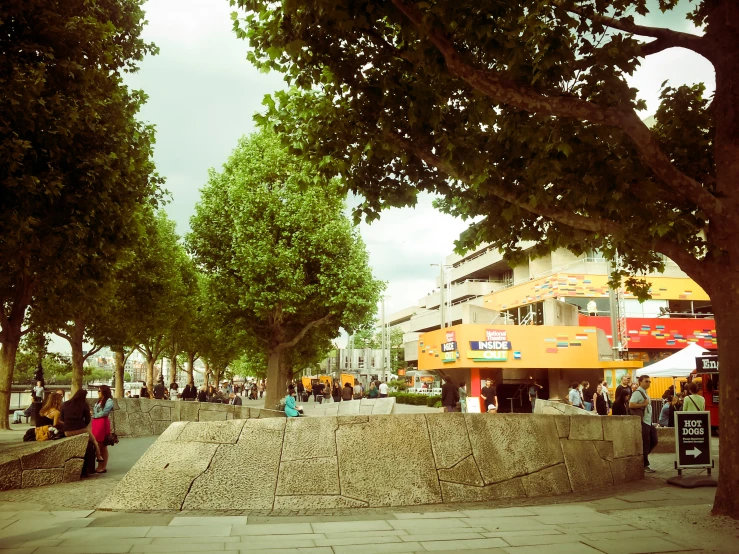 a street scene with a large concrete block